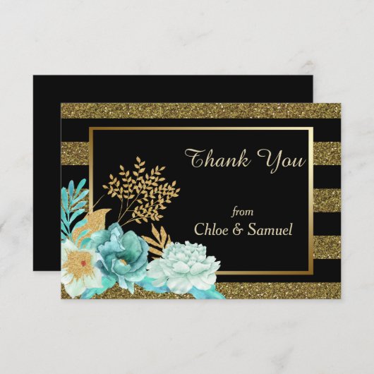Sparkle Stripe Gouden Mint Bloemen Bruiloft Bedankkaart (Voorkant / Achterkant)