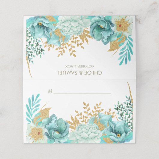 Sparkle Stripe Gouden Mint Bloemen Bruiloft Plaatskaartje (Buitenkant ongevouwen)