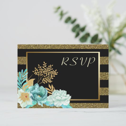 Sparkle Stripe Gouden Munt Bloemen Bruiloft RSVP (Staand voorkant)