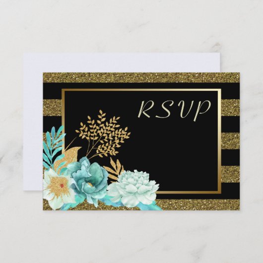 Sparkle Stripe Gouden Munt Bloemen Bruiloft RSVP (Voorkant / Achterkant)