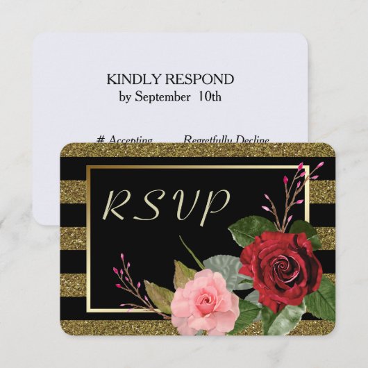 Sparkle Stripe Roze Rode Rozen Bruiloft RSVP (Voorkant / Achterkant)