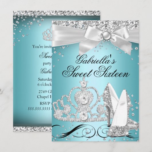 Sparkle Tiara Heels Blauwgroen Sweet 16 Kaart (Voorkant / Achterkant)
