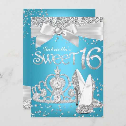 Sparkle Tiara Heels Sweet 16 Invite Blue Kaart (Voorkant / Achterkant)