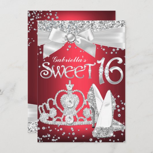 Sparkle Tiara Heels Sweet 16 Invite Red Kaart (Voorkant / Achterkant)