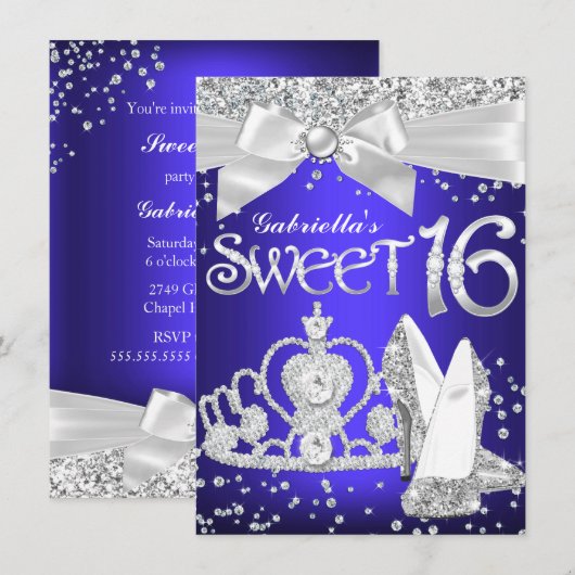 Sparkle Tiara & Heels Sweet 16 Royal Blue paars Kaart (Voorkant / Achterkant)
