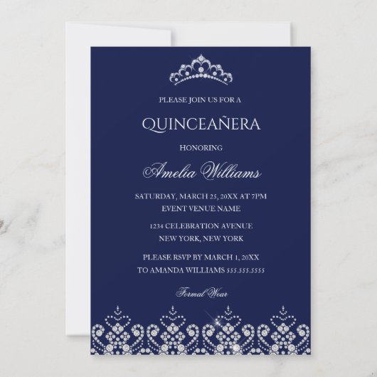 Sparkle Tiara Silver Navy Quinceanera uitnodiging (Achterkant)