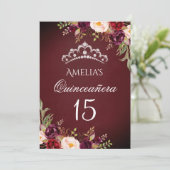 Sparkle Tiara Zilver Bourgondië Bloemen Quinceaner Kaart (Staand voorkant)