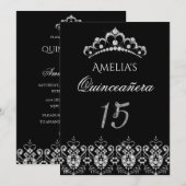 Sparkle Tiara Zilver Zwart Quinceanera Uitnodiging (Voorkant / Achterkant)