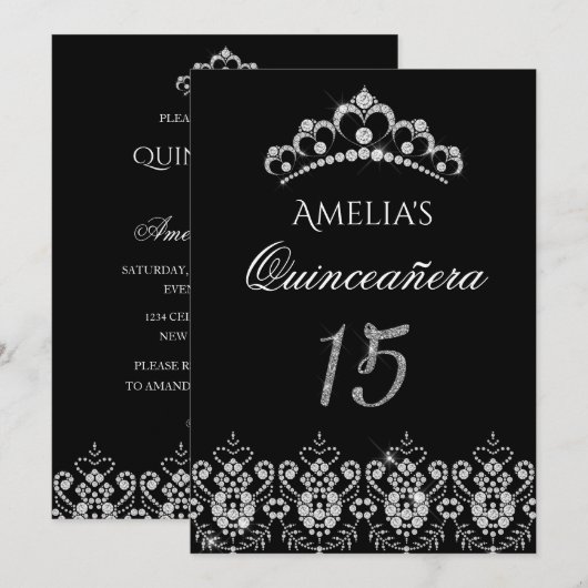 Sparkle Tiara Zilver Zwart Quinceanera Uitnodiging (Voorkant / Achterkant)