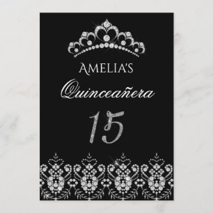 Sparkle Tiara Zilver Zwart Quinceanera Uitnodiging