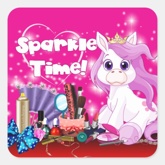 Sparkle Time Pony Makeup Party Vierkante Sticker (Voorkant)