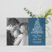 Sparkle Tree Chalkboard Flat Photo Card (Blauw) Feestdagenkaart (Staand voorkant)
