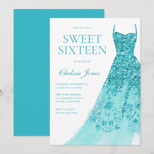 Sparkle Turquoise Jurk Sweet 16 Party Kaart (Voorkant / Achterkant)