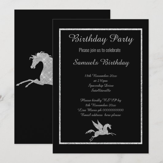 Sparkle Unicorn Black Background Birthday Kaart (Voorkant / Achterkant)