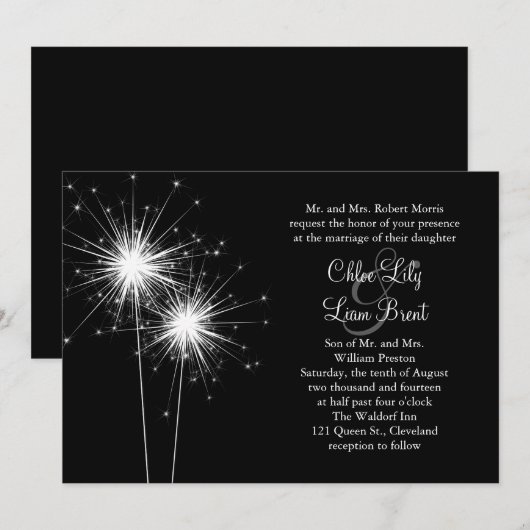 ("Sparkler Wedding Invitation") (zwart) Kaart (Voorkant / Achterkant)
