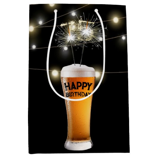 Sparklers in 75e verjaardag bier medium cadeauzakje (Voorkant)