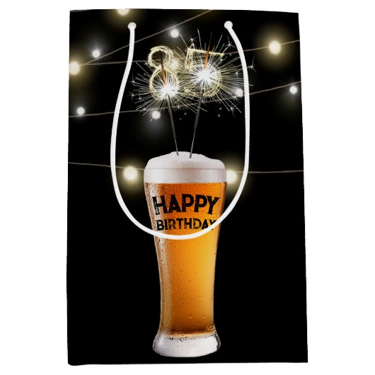 Sparklers in 85e verjaardag bier medium cadeauzakje (Voorkant)