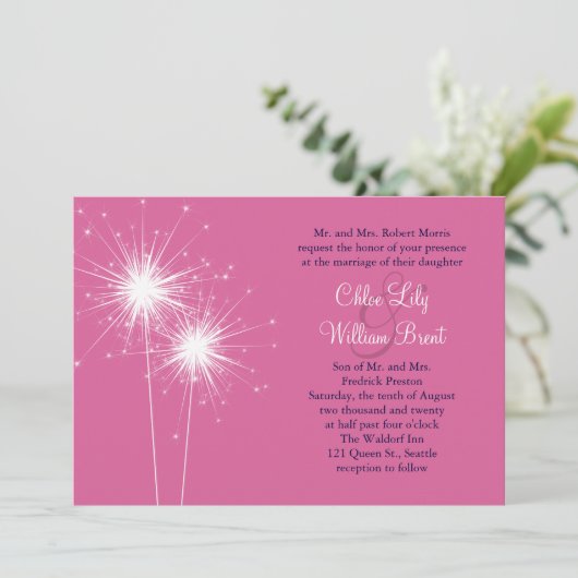 Sparklers Wedding Invitation (roze) Kaart (Staand voorkant)