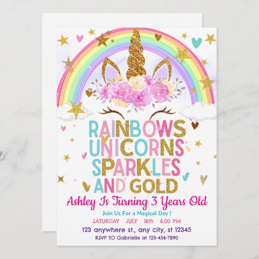 Sparkles en Gouden Eenhoorn Regenboog Verjaardag Kaart (Voorkant / Achterkant)