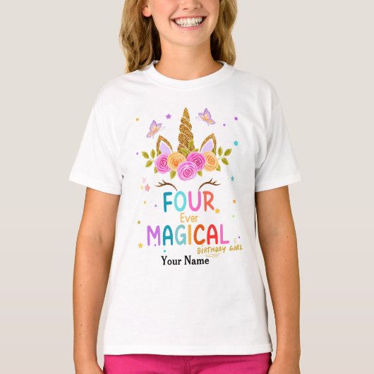 Sparkles Four Ever Magical Unicorn 4e verjaardag T-shirt (Voorkant)