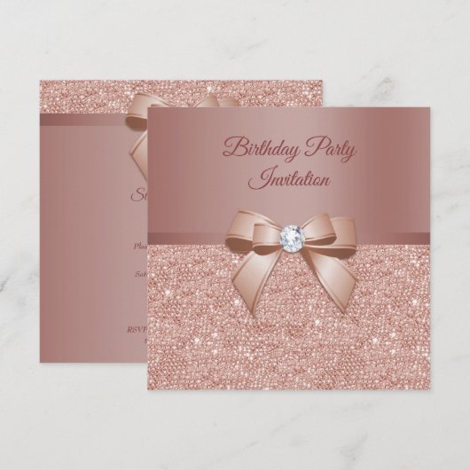 Sparkles & Glamor, Roos Gold Birthday Party Kaart (Voorkant / Achterkant)