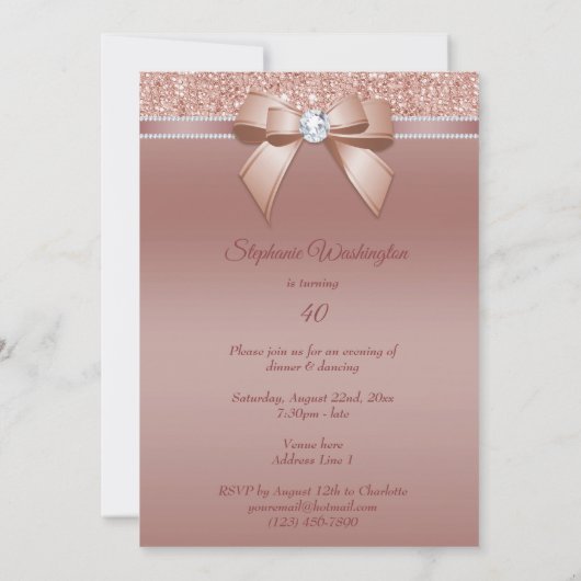 Sparkles & Glamor, Roos Gold Birthday Party Kaart (Achterkant)