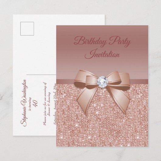 Sparkles & Glamor, Roos Gold Birthday Party Uitnodiging Briefkaart (Voorkant / Achterkant)
