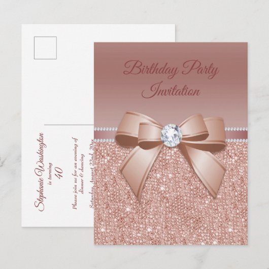 Sparkles & Glamor, Roos Gold Birthday Party Uitnodiging Briefkaart (Voorkant / Achterkant)