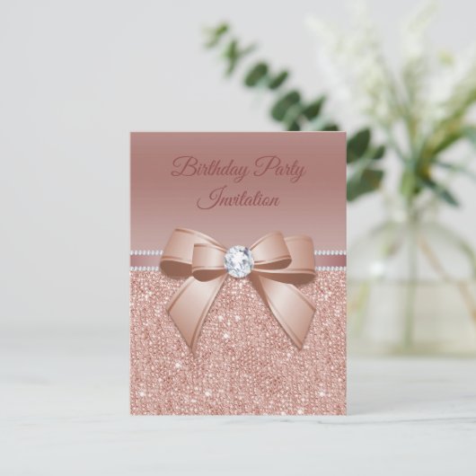 Sparkles & Glamor, Roos Gold Birthday Party Uitnodiging Briefkaart (Staand voorkant)