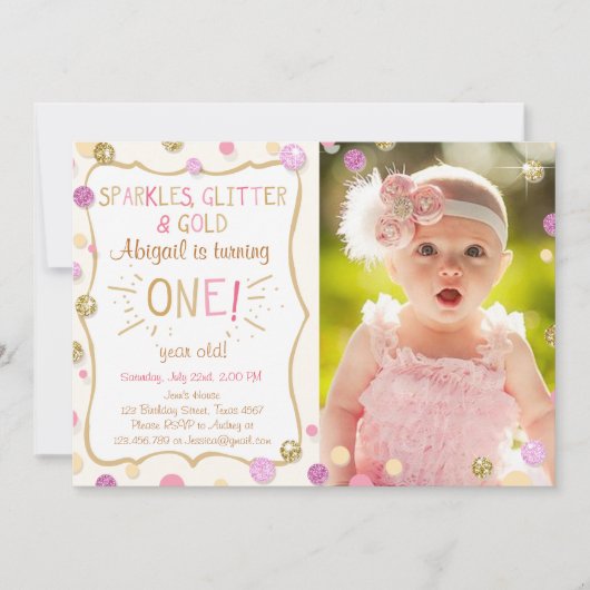 Sparkles Glitter and Gold Birthday Invitation Girl Kaart (Voorkant)