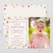 Sparkles Glitter and Gold Birthday Invitation Girl Kaart (Voorkant / Achterkant)