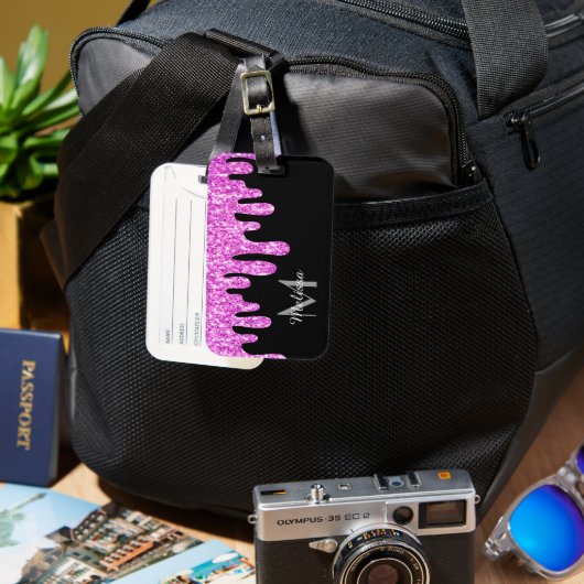 Sparkles Glitter roze zwart monogram Bagagelabel (Voorkant & Achterkant)