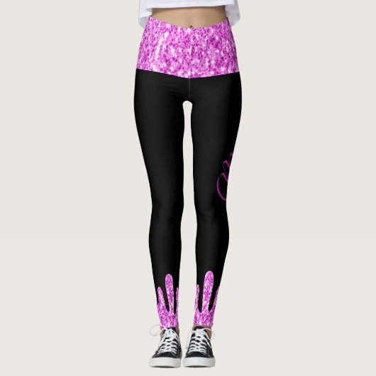 Sparkles Glitter roze zwart monogram Leggings (Voorkant)