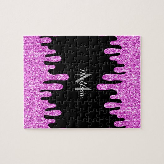 Sparkles Glitter roze zwart monogram Legpuzzel (Horizontaal)