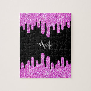 Sparkles Glitter roze zwart monogram Legpuzzel