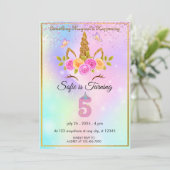 Sparkles Magische Eenhoorn 5e Verjaardag uitnodigi Kaart (Staand voorkant)