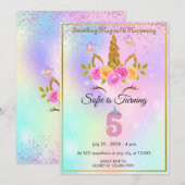 Sparkles Magische Eenhoorn 5e Verjaardag uitnodigi Kaart (Voorkant / Achterkant)