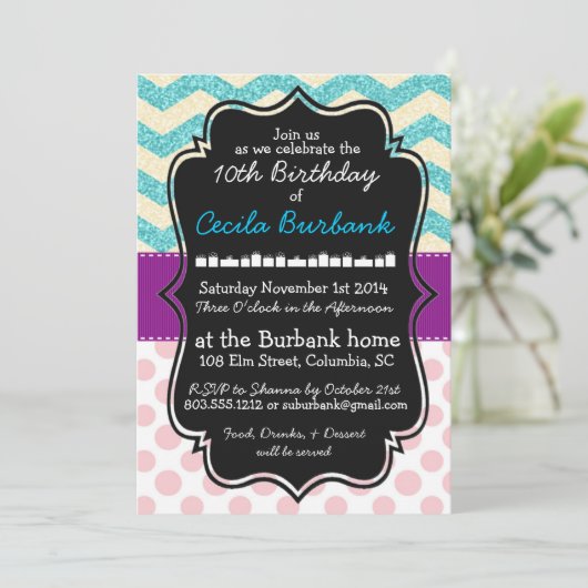 Sparkles & Polka Dots Birthday Uitnodiging (Staand voorkant)