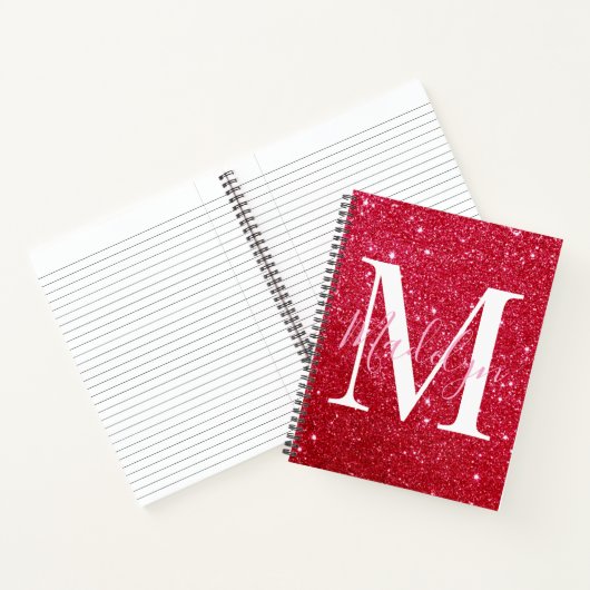 Sparkles Red Glitter Monogram Naam Girly Notitieboek (Binnen)