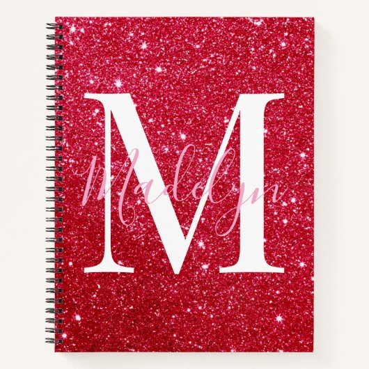 Sparkles Red Glitter Monogram Naam Girly Notitieboek (Voorkant)