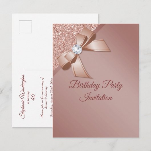 Sparkles & Roos Gold Glamor Birthday Party Uitnodiging Briefkaart (Voorkant / Achterkant)