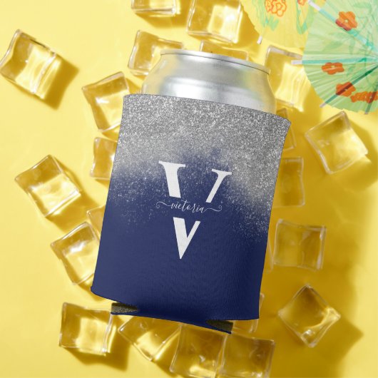 Sparkles Silver Glitter Monogram Blue op maat Blikjeskoeler (Insitu Zomer)