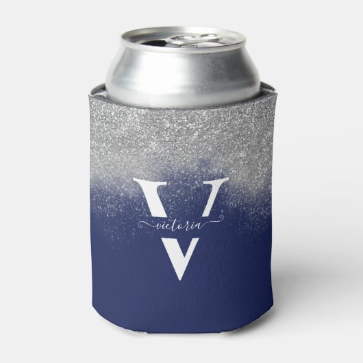 Sparkles Silver Glitter Monogram Blue op maat Blikjeskoeler (Blikje Voorkant)