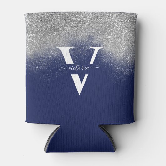 Sparkles Silver Glitter Monogram Blue op maat Blikjeskoeler (Voorkant)