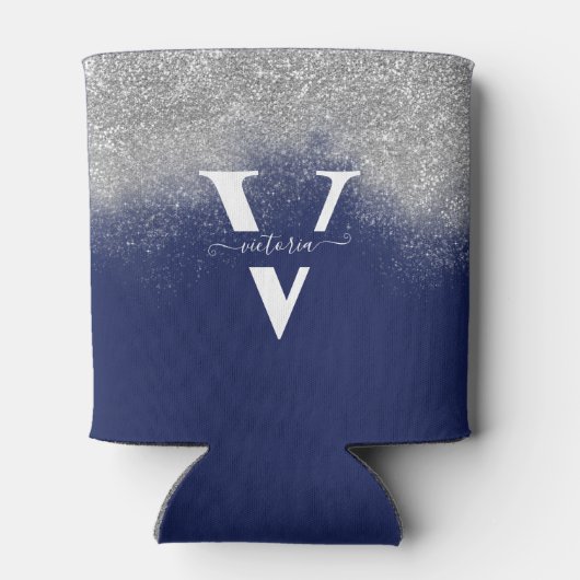 Sparkles Silver Glitter Monogram Blue op maat Blikjeskoeler (Achterkant)