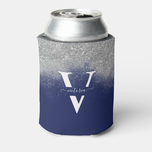 Sparkles Silver Glitter Monogram Blue op maat Blikjeskoeler (Blikje Achterkant)