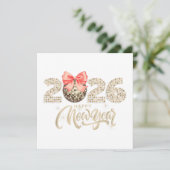 Sparkling 2026 New Year’s Card with Disco Ball Bow Feestdagenkaart (Staand voorkant)