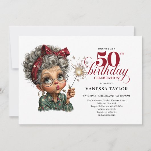 Sparkling 50th party funny woman quirky invite kaart (Voorkant)