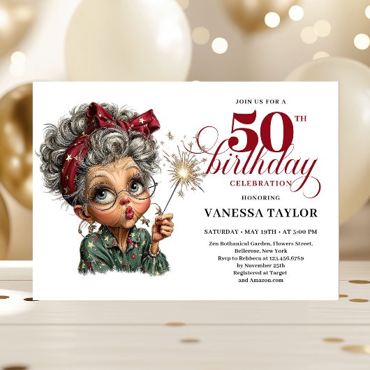 Sparkling 50th party funny woman quirky invite kaart