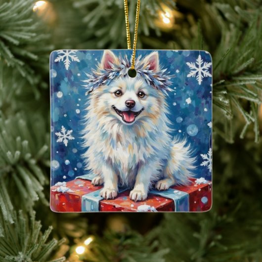 Sparkling American Eskimo Dog Festive Gift Cushion Keramisch Ornament (Boom)